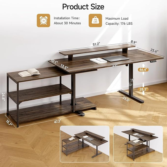 ONBRILL L Shaped Standing Desk with File Cabinet, 63x24'' Electric Stand Up Desk with Monitor and Storage Shelf, Adjustable Height 28-46'' for Home and Computer Workstation, Walnut