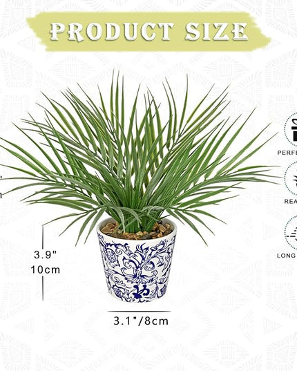 Hollyone Large Artificial Potted Plants Fake Palm Plants 13" Faux Green Plant Plastic Tropical Palm Tree in Blue and White Porcelain Ceramic Pots for Home Room Office House Indoor Decoration