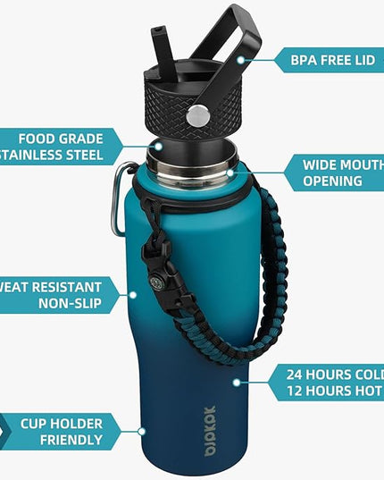 BJPKPK Insulated Water Bottles with Straw Lid, 23oz Metal Water Bottle with 2 lids & Paracord Strap, Double Wall Stainless Steel Vacuum Tumblers, Cups, Mugs, Thermo for Hot& Cold Drinks, Sea