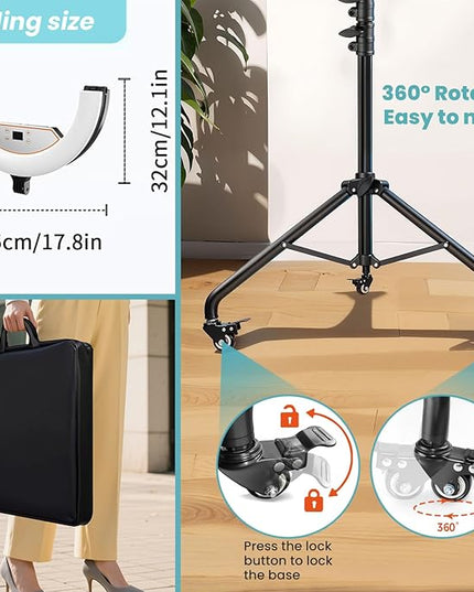 MACTREM 22" Foldable Ring Light with Stand for iPhone ipad, 75" Tripod with Wheels 50W 6500K LED Display/2 USB Ports Large Ringlight Rolling, Tattoo Barber Makeup Studio Video Photography Lighting
