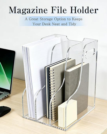 3-Tier Clear Acrylic File Holder, Vertical Document Organizer for Magazines, Binders, Notebooks & Envelopes - Multi-Purpose Desk Storage for Home Office（A4,3 Sections）