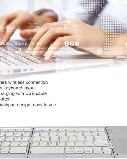Wisoqu Foldable Keyboard with Touchpad, 3 Folding Wireless Keyboard 63 Keys 10m Connection USB Charging, for iOS for Laptop Tablet Smartphone (Silver White)