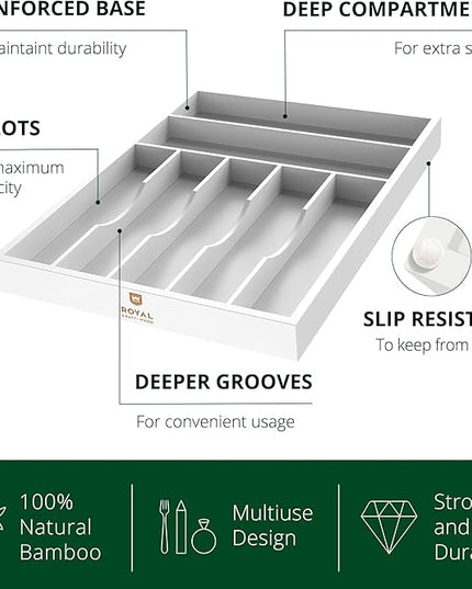 ROYAL CRAFT WOOD Luxury Bamboo Kitchen Drawer Organizer - Silverware Organizer - Utensil Holder and Cutlery Tray with Grooved Drawer Dividers for Flatware and Kitchen Utensils (7 Slot, White)