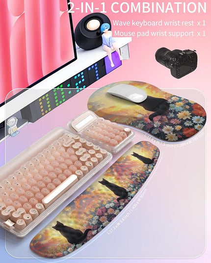 Hokafenle 2in1 Combination, Wave Keyboard Wrist Rest and Ergonomic Curvature Mouse Pad Wrist Support for Relieve Wrist Pain, Filled with Soft Cushion Memory Foam, Wishing Cat