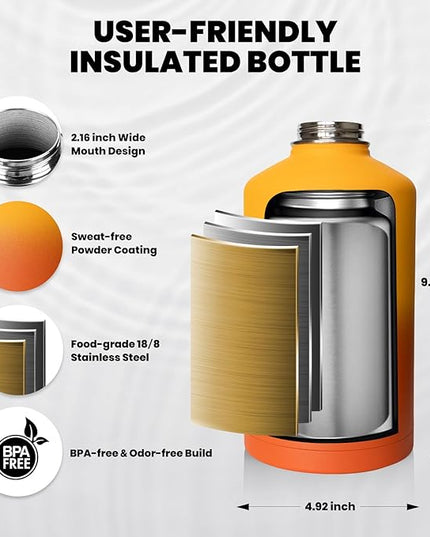 Insulated Water Bottle 64 oz, Triple Wall Vacuum Stainless Steel (Cold for 48 Hrs), Leak Proof & Non-BPA, Half Gallon Water Flask Jug with Paracord Handle & Straw Spout Lids, Ombre Orange