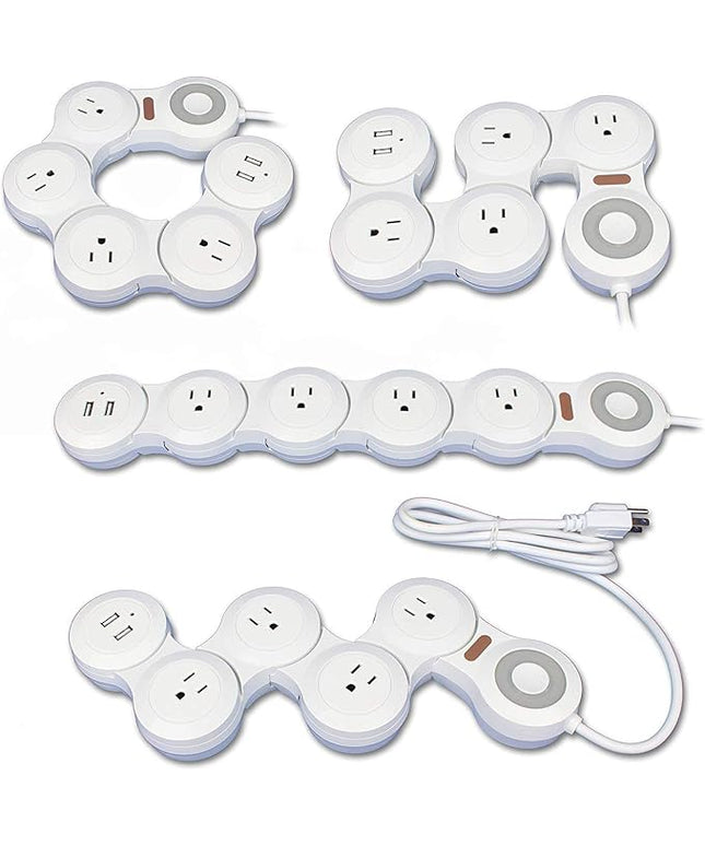 Deformation Power Cord Charger Socket -Flat Plug Power Strip with 2 USB Ports and 4 Multi Outlets, with 6.5FT Extension Cord