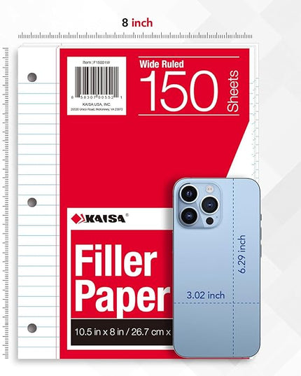 KAISA Filler Paper Loose Leaf Paper, Wide Ruled Paper, 8"x10-1/2", 3-Hole Punched Binder Paper For 3-Ring Binders,150 Sheets/pack 3Pack, F15001W