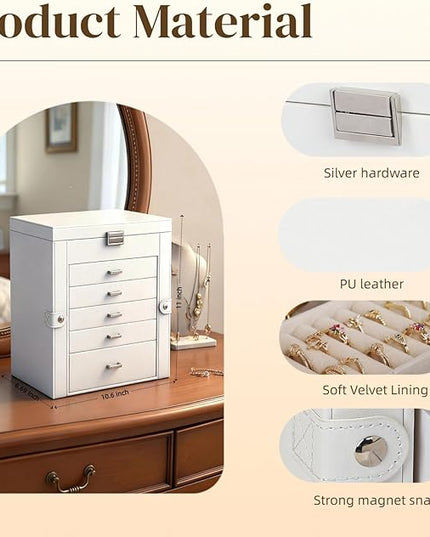 BOOVO Jewelry Box For women, 6 Layer Large Jewelry Organizer With Mirror, Multi-Function Storage Box With Lock, Necklace Holder With 5 Drawers, For Earrings Necklace Bracelet (Silver and White)
