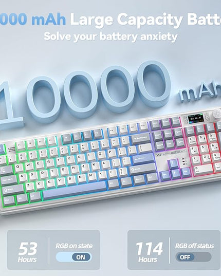 LINGBAO K108 Pro Wireless Mechanical Keyboard with Screen & Knob, Full Size Creamy Keyboard with Number Pad, 10000mAh Battery, PBT Keycaps, RGB Backlit, Hot-swappable Gaming Keyboards