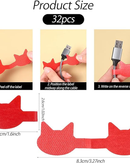 32 PCS Cat-Shaped Cable Labels - Reusable Write-On Cord Organizers for Wires, Chargers, Electronics | 8 Color Kitty Wire Labels for Home & Office