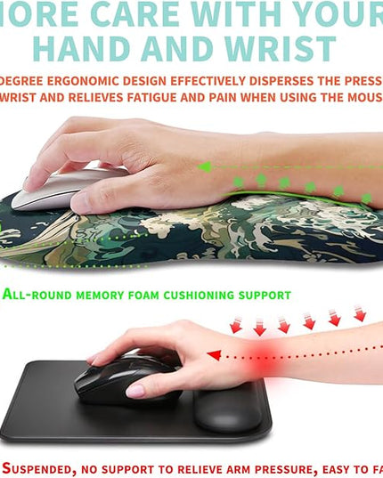 Ergonomic Mouse Pad Wrist Support with Memory Foam Massage Bulge, Carpal Tunnel Pain Relief Mousepad Wrist Rest for Mouse(12x8 inch, Sea Wave)