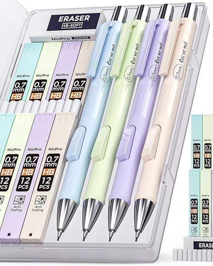 Nicpro 4 PCS Pastel Mechanical Pencil 0.7mm, Cute Fast Click Mechanical Pencils Set with 8 Tubes HB Lead Refills, Erasers, Eraser Refills for School, Student Writing, Drawing, Sketching - with Case