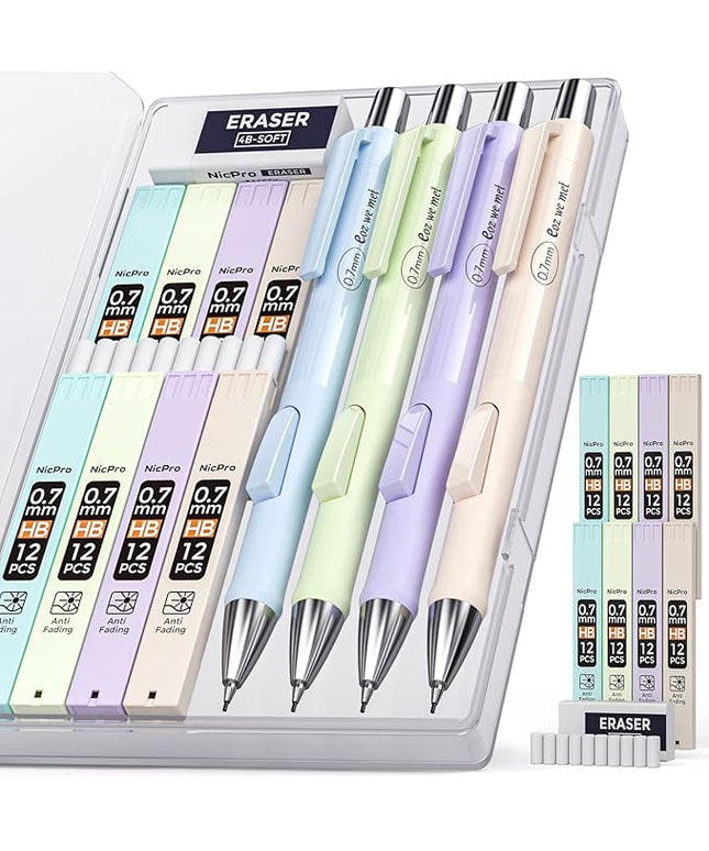 Nicpro 4 PCS Pastel Mechanical Pencil 0.7mm, Cute Fast Click Mechanical Pencils Set with 8 Tubes HB Lead Refills, Erasers, Eraser Refills for School, Student Writing, Drawing, Sketching - with Case