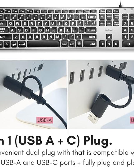 Macally Wired Keyboard for Mac (USB C + A) - Large Print and Backlit for Apple - 107 Key Full Size Large Letters USB C Keyboard for MacBook Pro/Air, Mac mini, iMac