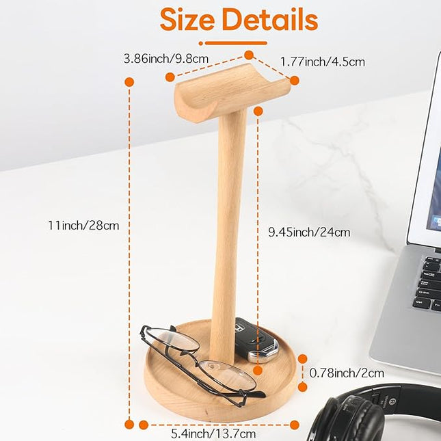 Yookin Wood Headphone Stand Headset Stand for Deak Universal Headphone Holder with Storgae Base Handcrafted Desk Organizer for Gaming Headsets(Beech Wood)