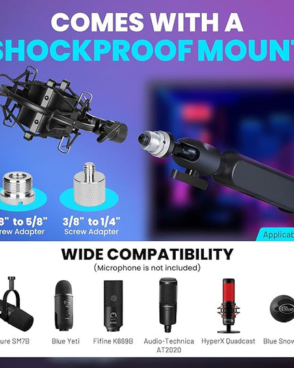 CAHAYA Mic Stand Boom Arm - Low Profile Adjustable Microphone Arm Stand with 3.5" Extension Pole Desk Clamp Screw Adapter for Streaming Gaming Compatible with Blue Yeti Shure SM58 SM48 Fifine K669B