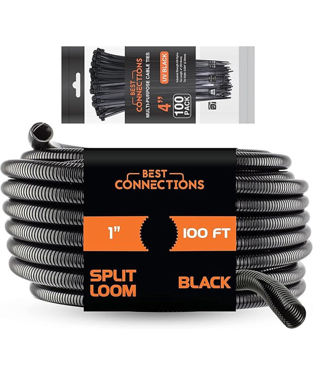BEST CONNECTIONS 100 Ft – 1" Diameter Split Wire Loom Flex-Guard Convoluted Tubing with 100 Pcs 4" Nylon Cable Zip Ties Protective Split Cable Sleeves for Automotive Home Electrical Wires Black