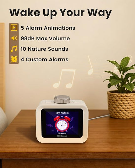 Dekala ChronoSense Alarm Clock for Bedroom Temperature Humidity, 7-Day Programmable 4 Alarms, 100dB Loud Gradual Alarm for Heavy Sleeper, Visual Timer Clock Radio，White Noise Sound Machine