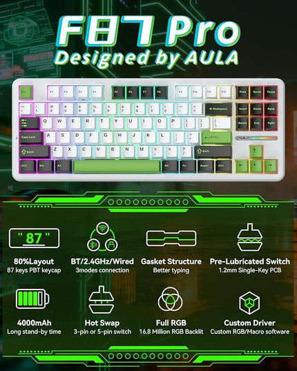 Aula F87 Pro Gaming Keyboard, Tri-Mode BT5.0/2.4GHz/USB-C Hot-Swappable RGB Wireless Mechanical Keyboard, Gasket Mount, 4000mAh, for Windows/Mac Gamer & Typists（LEOBOG Gray Wood Switch V4）