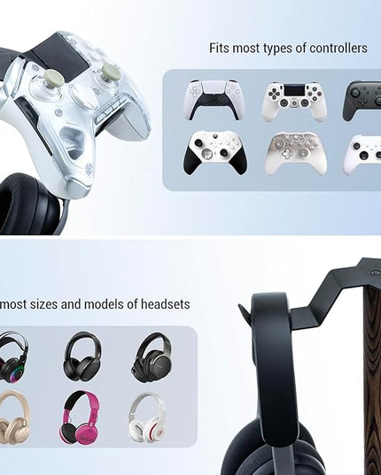MyGift Industrial Matte Black Metal Headphone Stand with Burnt Wood Tray – Desktop Headset and Gaming Controller Holder for Office, Studio, or Console Setup