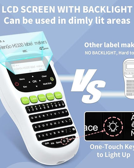 H1100 Label Maker Machine with Tapes 12mm Laminated, Backlit Handheld Label Maker Waterproof-Labels, QWERTY Keyboard & Multi Fonts, Portable Inkless Label Printer for Home Office Organization