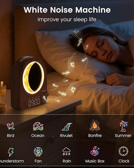 Sunrise Alarm Clock, White Noise Machine & Meteor Moonlight - 10 Soothing Sounds, Dual Alarms, 30/60/90min Timer, Easy Snooze - Bedroom Gift for Insomnia Adults/Women - Walnut