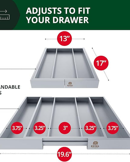 ROYAL CRAFT WOOD Luxury Bamboo Kitchen Drawer Organizer - Silverware Organizer - Utensil Holder and Cutlery Tray with Grooved Drawer Dividers for Flatware and Kitchen Utensils (5 Slot, Gray)