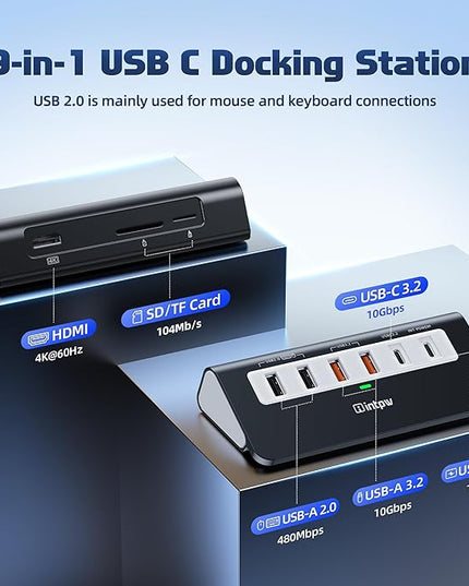 P9 PRO USB C Hub 10Gbps, 9-in-1 USB C Docking Station 3.28FT with 4K@60Hz HDMI, 3 Type-C/A 3.2, 2 Type-A 2.0, PD 100W, SD/TF Port, Black Aluminum USB Hub for Laptop, iPhone 17, MacBook Air/Pro