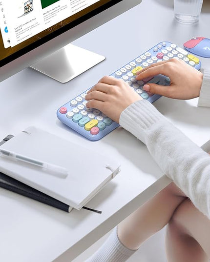 Wireless Keyboard and Mouse Combo, 2.4G Retro Typewriter Keyboard with Number Pad and Cute Ambidextrous Wireless Mouse for Computer Laptop
