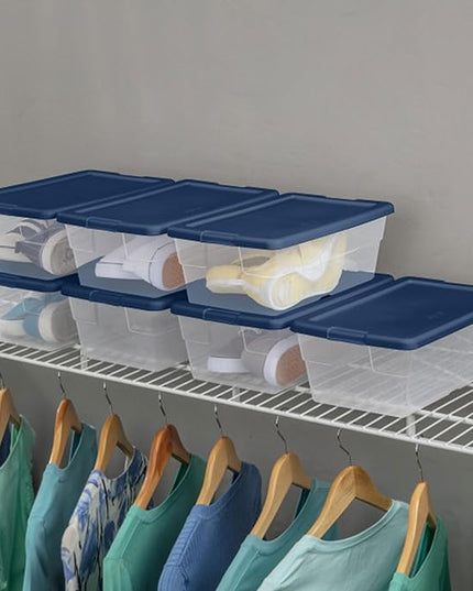 Sterilite Stackable 6 Qt Storage Box Container, Clear, Marine Blue Lid (60 Pack)