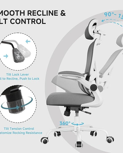 Ergonomic Office Chair, 330LBS Desk Chair with 3-Level Lumbar Support & Headrest, Breathable Mesh Backrest, Flip-Up Armrests for Home Office and Gaming, White and Gray