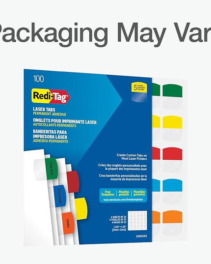 Redi-Tag Laser Printable Tabs, Permanent Index Tabs, Customizable Adhesive Labels, Assorted Primary Colors, 1.125" x 1.25", 100 Per Pack (1006555)