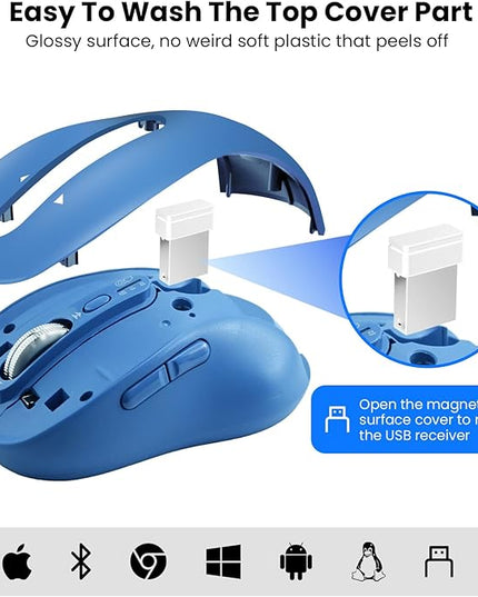 Wireless Bluetooth Mouse Rechargeable,USB+BT×2,Multi Device Quiet Ergo Computer Mouses,Metal 4-Way Super Scrolling,± 3200 DPI,10 Button,Plug&Play,Cordless Mice for Laptop,Tablet,Mac,iPad,PC,Phone-Blue