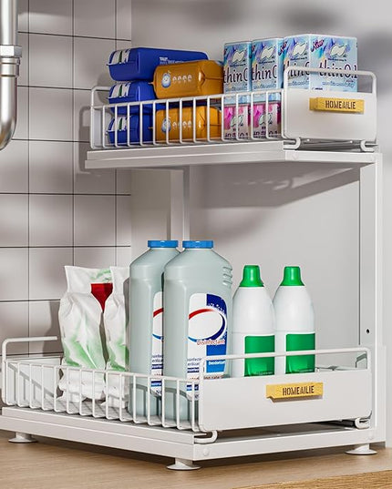 Under Sink Organizer, High Adjustable 2 Tier Under Kitchen Sink Organizer, Multi-Purpose Storage Shelf for Kitchen Bathroom Cabinet, White