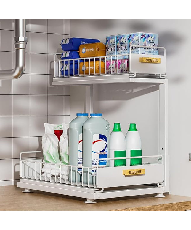 Under Sink Organizer, High Adjustable 2 Tier Under Kitchen Sink Organizer, Multi-Purpose Storage Shelf for Kitchen Bathroom Cabinet, White