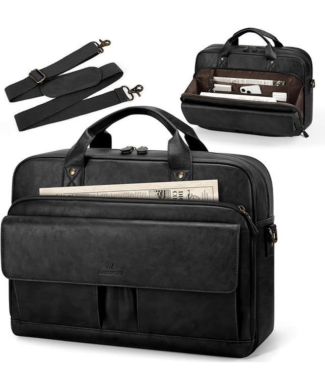 RAINSMORE Mens Laptop Bag PU Leather Messenger Bag 15.6 Inch Briefcase Vintage Computer Satchel Bag for Work Business