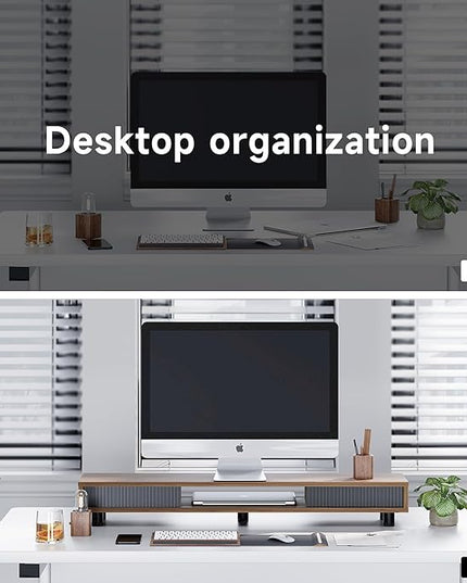 Fenge Dual Monitor Stand, 42.5inch Long Monitor Stands Riser for 2 Monitors, Sliding Door with Storage Organizer Stand for Desk, 2 Tier Desk Shelf for Laptop, Pc, Printer, Computer, TV