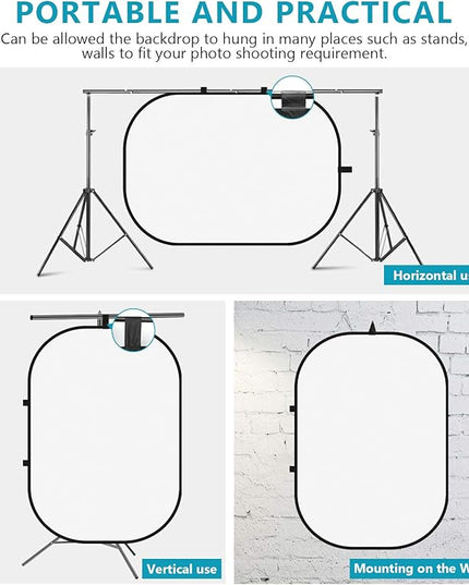 Neewer 5x7ft/1.5x2m Chromakey Foldable Backdrop with Stand 8.5ft/2.6m, 2-in-1 Reversible Black White Green Background Panel for Photography Studio, Live Streaming, Video Calls, Games