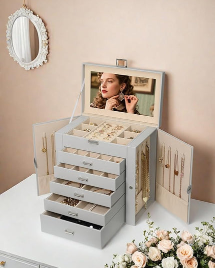 BOOVO Jewelry Box For women, 6 Layer Large Jewelry Organizer With Mirror, Multi-Function Storage Box With Lock, Necklace Holder With 5 Drawers, For Earrings Necklace Bracelet (Silver and Grey)