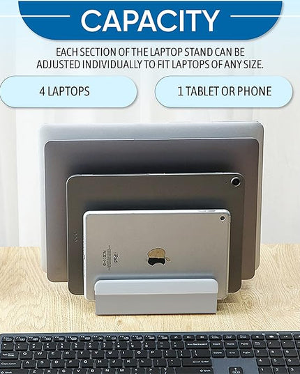 Elestoria 5- Slot Vertical Laptop Stand - Aluminum Laptop Stand Vertical for Desk - Adjustable Width (12-38mm) Fits MacBook Pro/Air, Surface & Gaming Laptops upto 17.3" - Heavy Duty Laptop Holder-Grey
