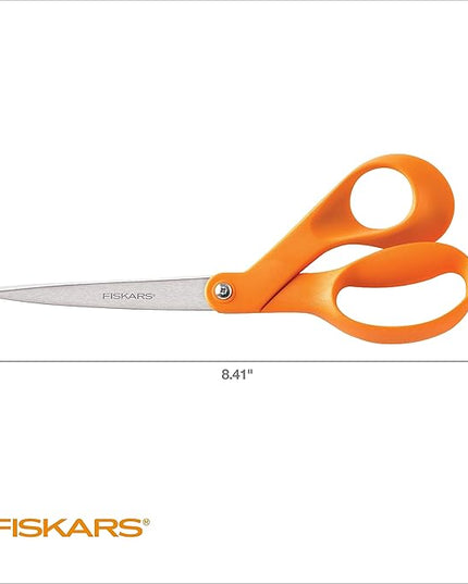 Fiskars 8" Original Orange-Handled Stainless Steel Scissors, Ergonomic and Keeps Material Flat, Sharp All-Purpose Paper and Fabric Scissors for Office, Arts, and Crafts