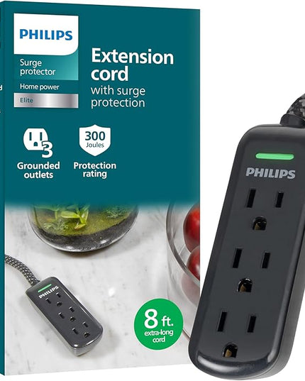 Philips 3-Outlet Grounded Extension Cord, 8 Ft Indoor with Surge Protection, Flat Plug Surge Protector Power Strip, 300 Joules, UL Listed, Black, SPC3434BB/37