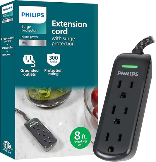 Philips 3-Outlet Grounded Extension Cord, 8 Ft Indoor with Surge Protection, Flat Plug Surge Protector Power Strip, 300 Joules, UL Listed, Black, SPC3434BB/37
