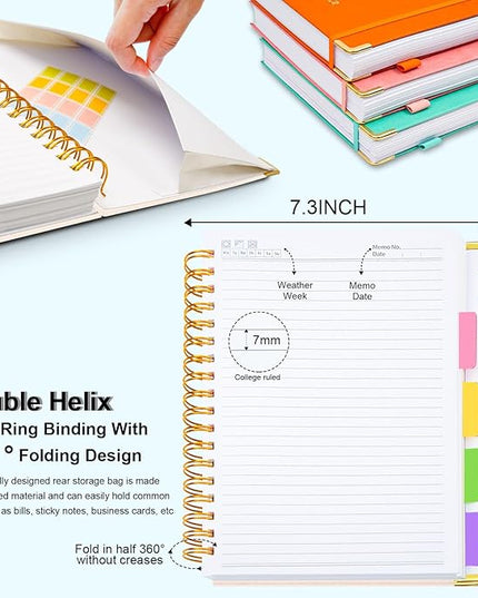 Hardcover Spiral Notebook 8"x10" Journal Notebook with Tabs and Removable Dividers 300 Pages 5 Subject Notebook College Ruled, Faux Leather Spiral Bound Notebook for Women School Work (White)