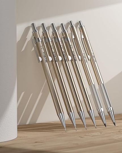Nicpro 33PCS Metal Mechanical Pencil Set in Leather Case, Art Drafting Pencil 0.3, 0.5, 0.7, 0.9 mm, 2mm Lead Pencil Holders for Sketching Drawing With 18 Tube (6B 4B 2B HB 2H 4H Colors) Lead Refills
