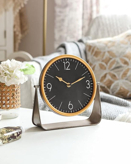 NIKKY HOME Vintage Table Clock, Black Desk Clock on Stand Decorative Desk and Shelf Clocks Metal Tabletop Clock Silent Non-Ticking with Battery Powered for Living Room