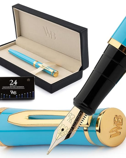 Wordsworth & Black Fountain Pen Set, Medium Nib, 24 Ink Cartridges and Ink Refill Converter, Gift Case, Journaling, Calligraphy, Smooth Writing Pens [Sky Blue, Gold Finish], Perfect for Men and Women