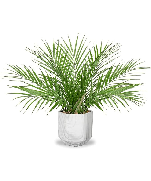 Hollyone Large Artificial Potted Plants Fake Palm Plants 16" Faux Green Plant Plastic Tropical Palm Tree in Marble Ceramic Pots Bohemian for Home Room Office House Indoor Decoration