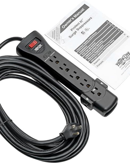 Eaton Tripp Lite Series SUPER725B 7 Outlet Flat Plug Long Extension Cord Power Strip Surge Protector, 25ft Extension Cord with Multiple Outlets, 2160 Joules, Black, Home Office Dorm Room Essentials