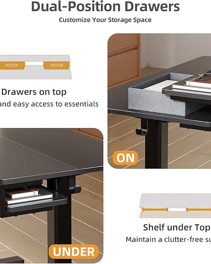 Seang Electric Standing Desk with 2 Drawers, Adjustable Standing Desk with Storage Shelf, Height Adjustable Stand up Desk for Home Office with 3 Presets & 2 Hooks,55 Inch, Black